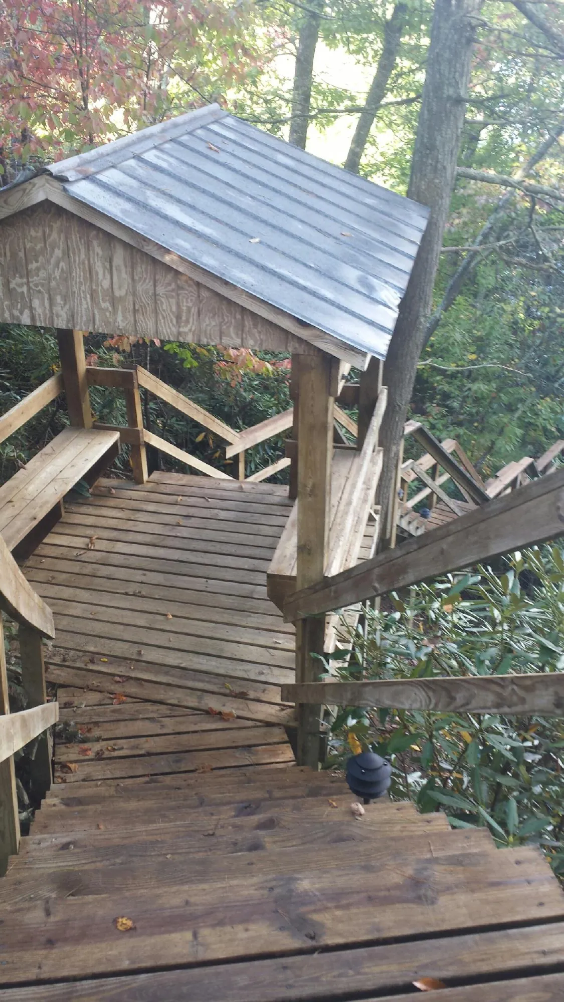 Metal roofed shelter over wooden steps on a wooded walkway — Skylight Repair & Installation work by our crew in Owatonna